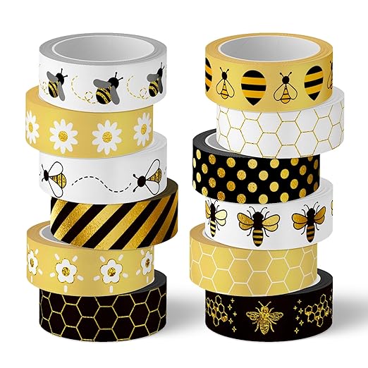 Whaline 12 Rolls Bee Washi Tape Foil Gold Honey Bee Washi Masking Tape 0.6 Inch Wide Bumblebee Honeycomb Daisy Print Decorative Adhesive Masking Tapes for Scrapbook Gift Wrapping DIY Art Crafts