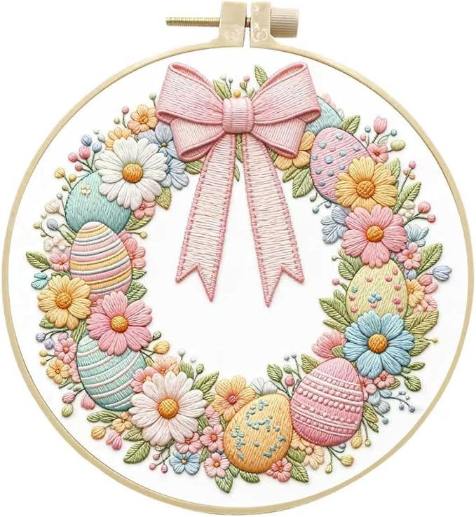 JJFox Embroidery Kit for Beginners and Adults, DIY Hand Embroidery Starter Kit with Cute Pattern, Cross Stitch Needlepoint Set with Hoop, Threads and Instructions (Easter Wreath)
