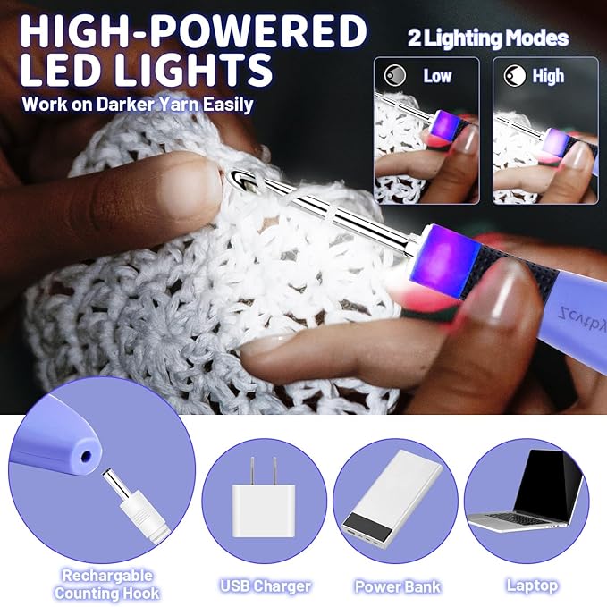 Light up Crochet Hook Set with Stitch Counter Crochet Kit with 12 Different Size Interchangeable Crochet Needle,Ergonomic with 2 Levels Led and Digital Stitch Counter for Crocheting and Knitting