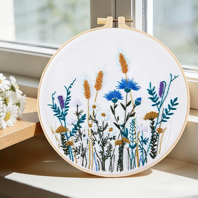 Crafmanoe Flower Embroidery Kits for Beginners Adults, Hand DIY Embroidery Starter Kits, Floral Stamped Cross Stitch Kits for Beginners Adults Craft Kits for Women, Embroidery Hoops, Fabric and Thread