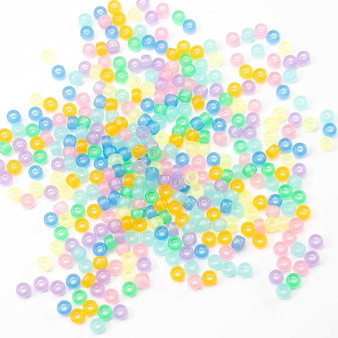 Gxueshan 1000 Pcs Acrylic 9 Color Pony Beads 6x9mm Bulk Glow in The Dark for Necklace, Friendship Bracelet Making, Hair Braids Kandi