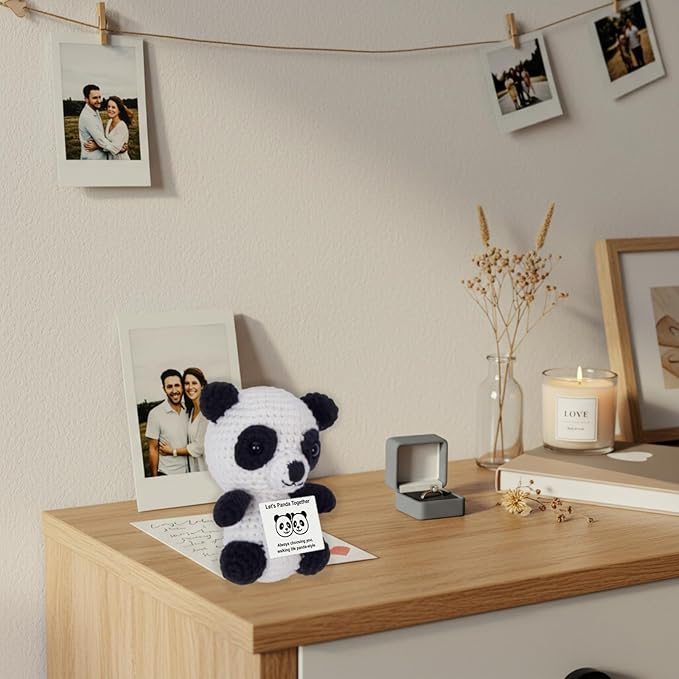 Handmade Mini Positive Crochet Animals Customizable Card Set with Positive Messages Emotional Support Crochet Birthday Gift for Woman Men Her him Motivational Desk Decor (Panda - Love)