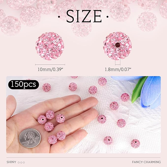150 pcs 10mm Rhinestone Beads for Jewelry Making, Pink Shiny Round Shamballa Disco Beads Bulk, Sparkle Crystal Clay Christmas for Bracelet Baseball Necklace Earring Crafting and DIY