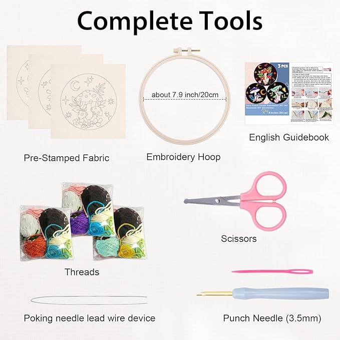 Nuberlic 3 Pack Punch Needle Kits for Beginners Mushroom Embroidery Pattern with Hoop Embroidery Punch Needle Starter Craft Set, Perfect Handmade Gift for Adults & Teens (Beginner-Friendly Crafts)