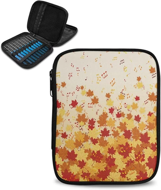Hechitok Maple Leaf Music Crochet Hook Case Empty Zipper Bags Organizer Travel Crochet Storage Bag with Web Pocket for Carrying Various Crochets and Knitting Accessories