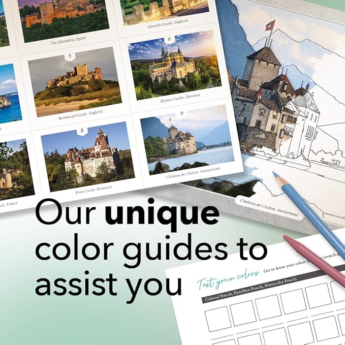 Castle Arts Castles Colouring Book | 36 Stunning Castles Curated by in-House Artists to Focus The Mind | with Colour Reference Guide | No Show-Through Artist Grade Paper | Frameable Landscape A4 Size
