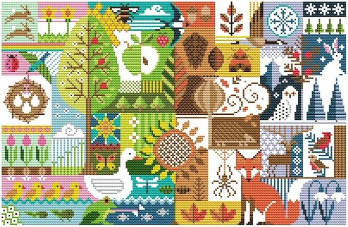 Meecaa Cross Stitch Kits 14 Count Stamped, Tree Bird Animal Building Fox Seasons Embroidery Kit with Accessories Pre Printed (Four Seasons)