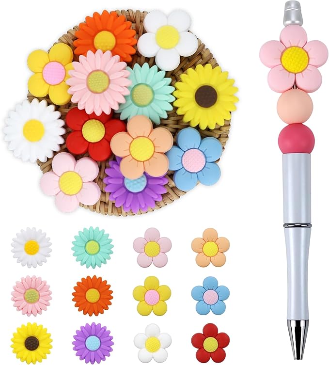 12pcs Flowers Silicone Focal Beads, Focal Beads for Keychain Making, Pens, Bracelet, Necklace Crafts, Bulk for DIY（Flowers）