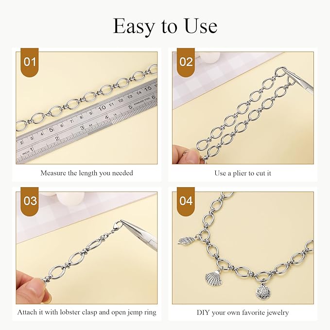 Jabogrii 6.5 Feet Silver Stainless Steel Chain Bulk for Jewelry Making DIY Oval Rolo Jewelry Making Chains