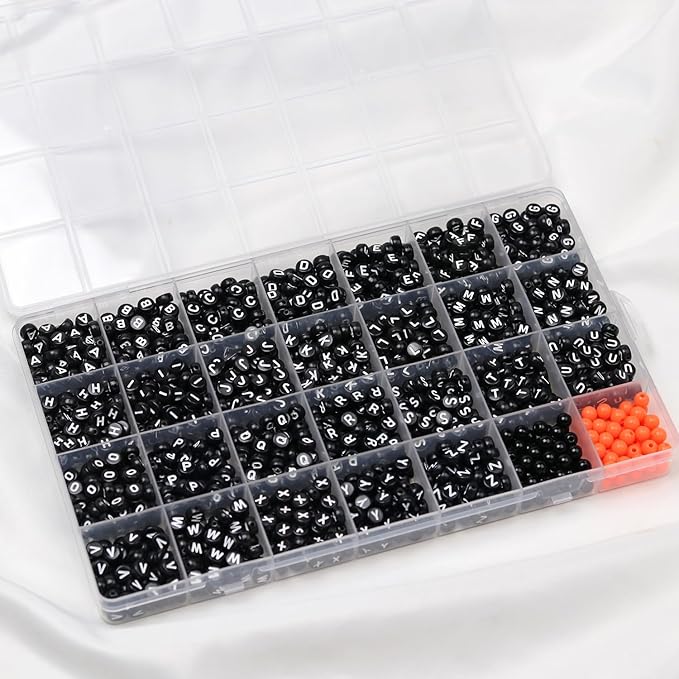 Melius Acrylic Black Letter Beads with Black and Orange Round Beads, 1450 Pcs Round Alphabet Beads in 28 Grid Box for Jewelry Making, DIY Friendship Bracelets, Necklaces, Key Chains