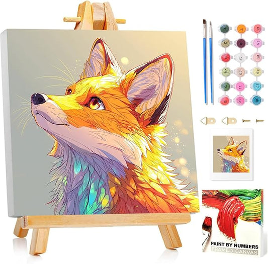 Fox Paint by Numbers Kit for Kids with Frame, Fox Paint by Numbers for Kids Ages 4-8-12, DIY Bird Acrylic Oil Painting for Home Wall Art Decor Gift 7.8x7.8 inch (with Frame Easel)
