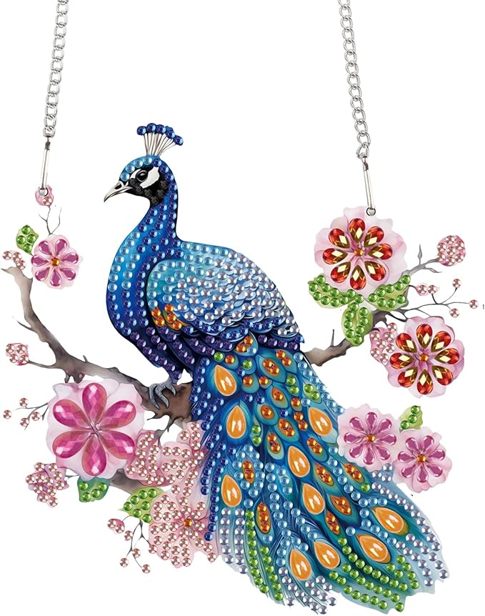 TDFERAN Diamond Painting Pendant Peacock Mosaic Making Kits by Kits Home Decoration Pendant Diamond Art Hanging Sign Onament Art Wind Chimes Hanging Pendants for Wall Home Decor Tabletop Decoration