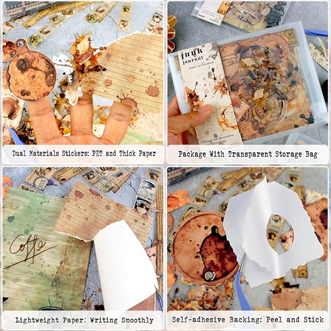 Vintage Scrapbook Kit, 90 Sheets Coffee Stain Manuscripts Materials, Scrapbooking Stickers and Decorative Papers Collage, Ephemera for Junk Journal Supplies, Journaling, Crafts Arts, Scrap Booking