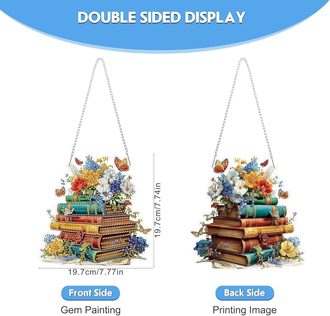 NEWENMO Hanging Diamond Art Kit for Adult, Vintage Books, 5D Special Shaped Rhinestone Diamond Painting Ornament, Floral Books, DIY Acrylic Diamond Art Painting Window Pendants Home Garden Wall Decor