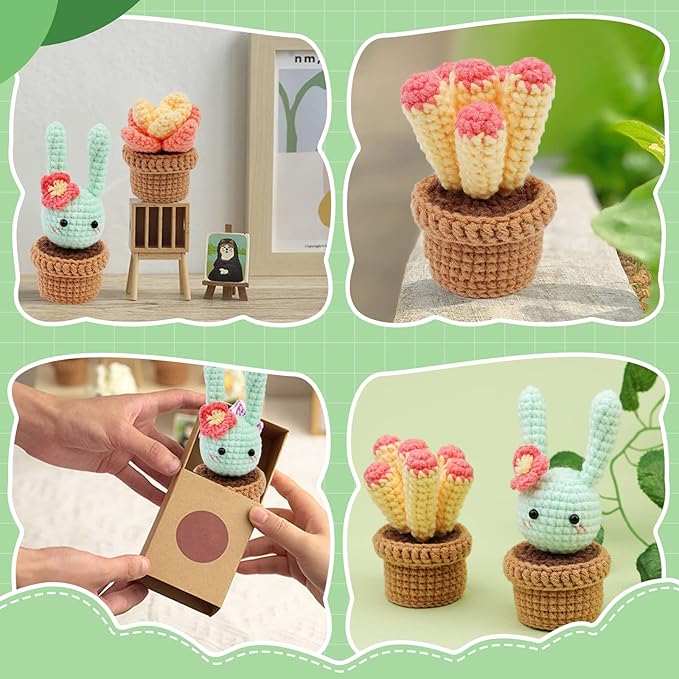 WONVOC Plant Crochet Kit, Crochet Plant Kit for Beginners, Beginner Crochet Kit for Adults, with Crochet Hooks, Crochet Supplies, Plastic Eyes and Instructions, Succulent Plants Mixed 6 Pcs