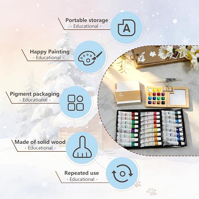 Mini Watercolor Paint Set Bamboo Travel Kit with Watercolor Palette Paintbrush Storage Bag and Water Storage Bottle Ready to Use Watercolor Sets for Artists and Beginners（15 Squares）