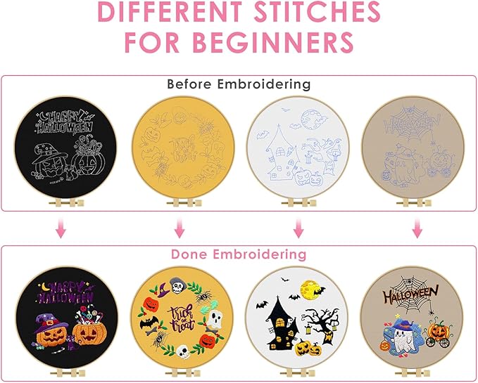 TINDTOP Halloween Embroidery Kit for Adult, 4 Pack Embroidery DIY Starter Kit, with Stamped Patterns, Hoop, Tools, Colorful Threads with Needles, Instructions