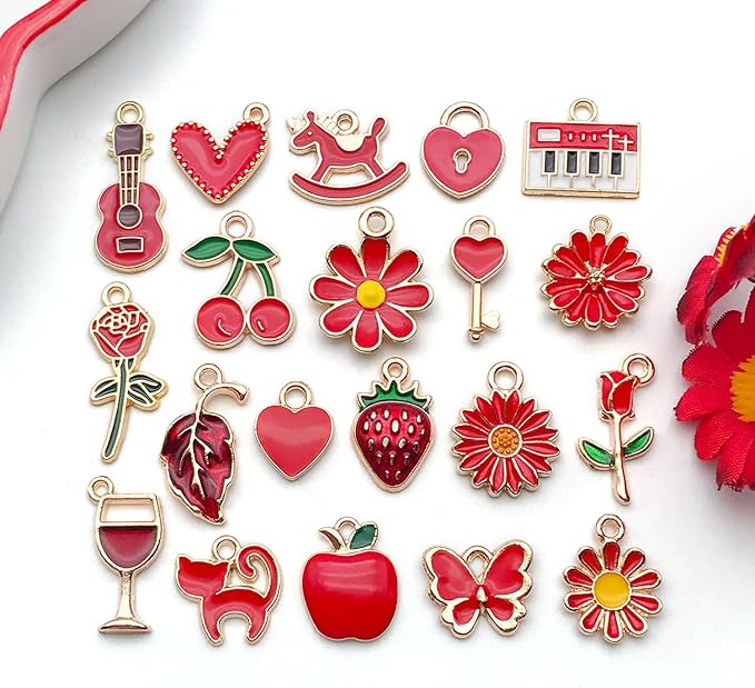 WOCRAFT 40pcs 20 pairs Assorted Enamel Bracelet Charms for Jewelry Making DIY Necklace Bracelet Earrings Keychain Crafting Charms Kit Crafts (Red-SN996)