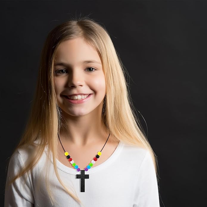 Kathfly DIY Wood Cross on Cord Pendant Necklace Sunday School Crafts for Kids Wood Cross Necklace with Colorful Beads Religious Party Favor for Vbs Church Easter Gifts