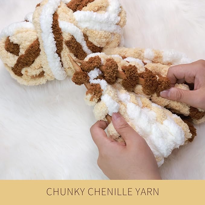 White+Light Yellow+Brown Chunky Chenille Yarn for Crocheting Bulky Thick Fluffy Yarn for Knitting,Super Bulky Hand Blanket,Soft Plush Yarn Crochet Carpet 8 Jumbo Pack(63.76oz/197.68yd