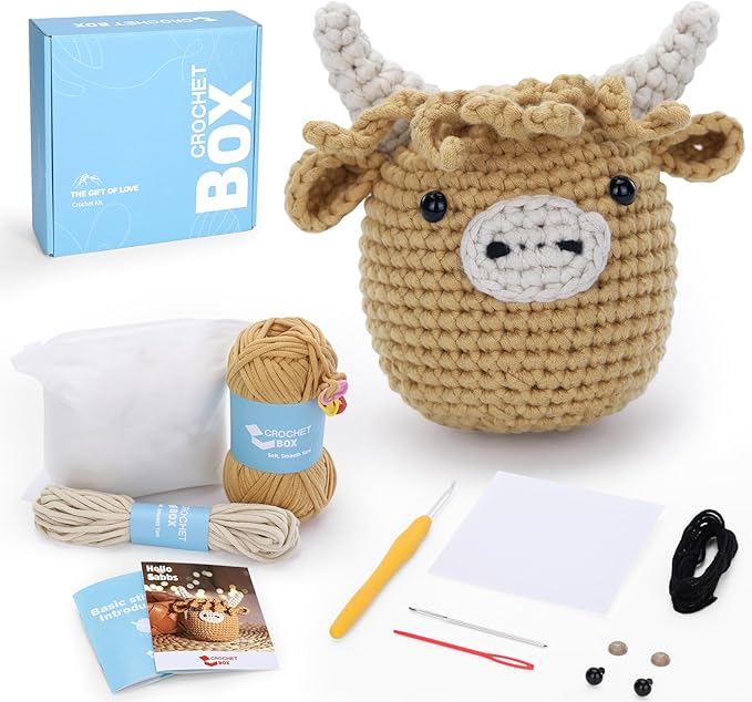 Crochet Kit for Beginners: Highland Cow Crochet Kit, Learn to Crochet, Include Easy Knitting Soft Yarn, Step-by-Step Video Tutorial, Hook, Holiday Birthday Gift for Adults and Teen(30%+ Yarn)