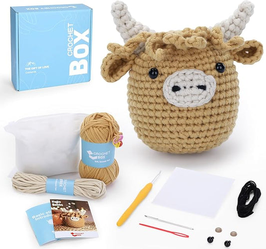 Crochet Kit for Beginners: Highland Cow Crochet Kit, Learn to Crochet, Include Easy Knitting Soft Yarn, Step-by-Step Video Tutorial, Hook, Holiday Birthday Gift for Adults and Teen(30%+ Yarn)