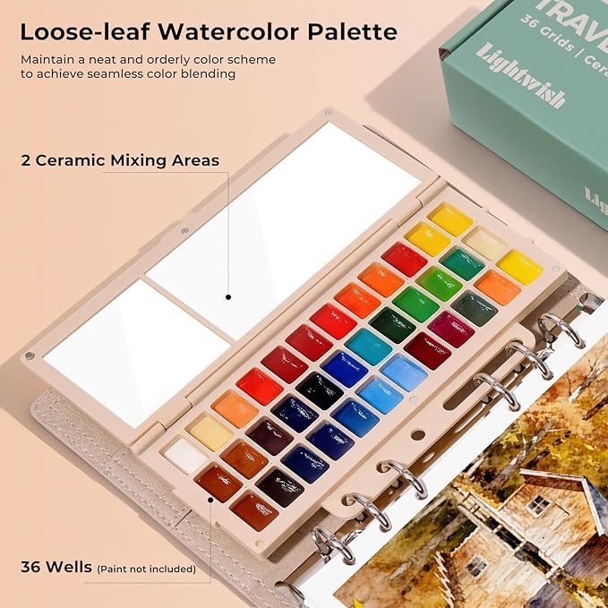 Travel Watercolor Sketchbook Set - 6.7x3.9 in 100% Cotton Cold Press 20 Sheets Binder Art Journal with 36-Well Empty Ceramic Paint Palette & 2 Travel Watercolor Brushes for Artists Outdoor Painting