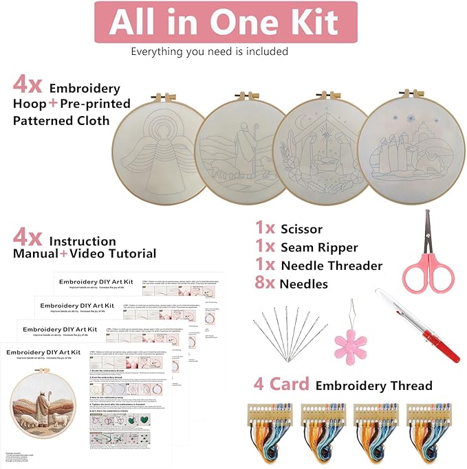 Nativity Embroidery Kit for Adults, Pre-Stamped Pattern Embroidery Kit for Beginners, DIY Hand Needlepoint Starter Kit with Hoop Thread Needle Instruction, 7.87'' Hoop (Nativity 4 Packs)