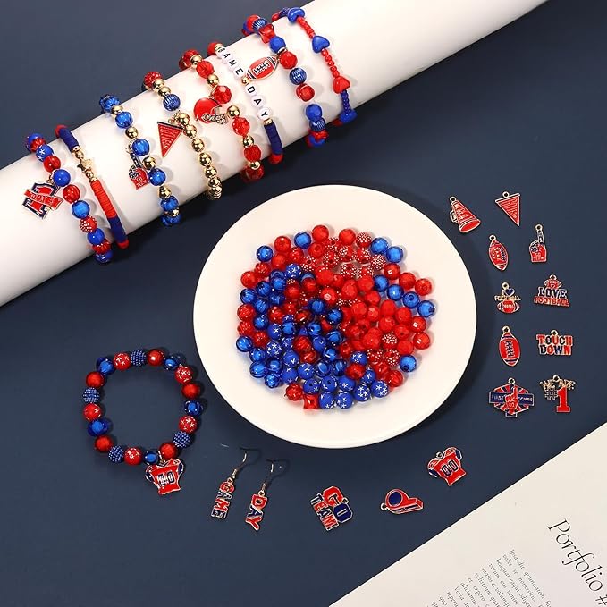 3000PCS+ Game Day Beads for Bracelets Making Red Black Clay Heishi Beads Pearl Acrylic Letter Bead Enamel Football Charms for Bracelet Earrings Necklace Making DIY Game Day Accessories (Red Blue)