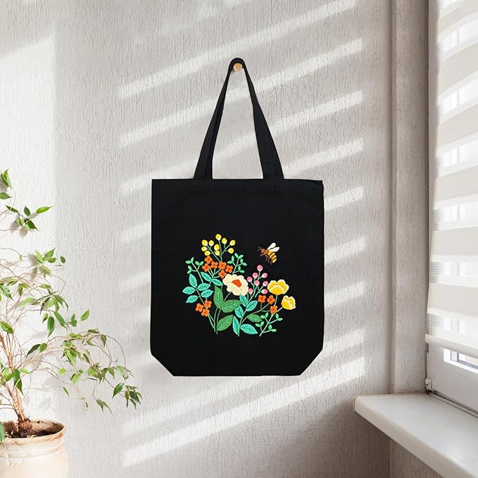 Canvas Tote Bag Embroidery Kit, Beginner Embroidery Kit for Adults, Hand Embroidery Starter kit with Floral Pattern, Arts and DIY Crafts Embroidery Kits , Cross Stitch Kit with Embroidery Bag and Tool