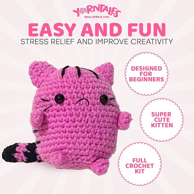 YarnTales DIY Pink Kitten Crochet Kit - Beginner Craft Kit with All Included Supplies & Video Tutorials - Great Valentine’s Day Gift for Teens & Adults