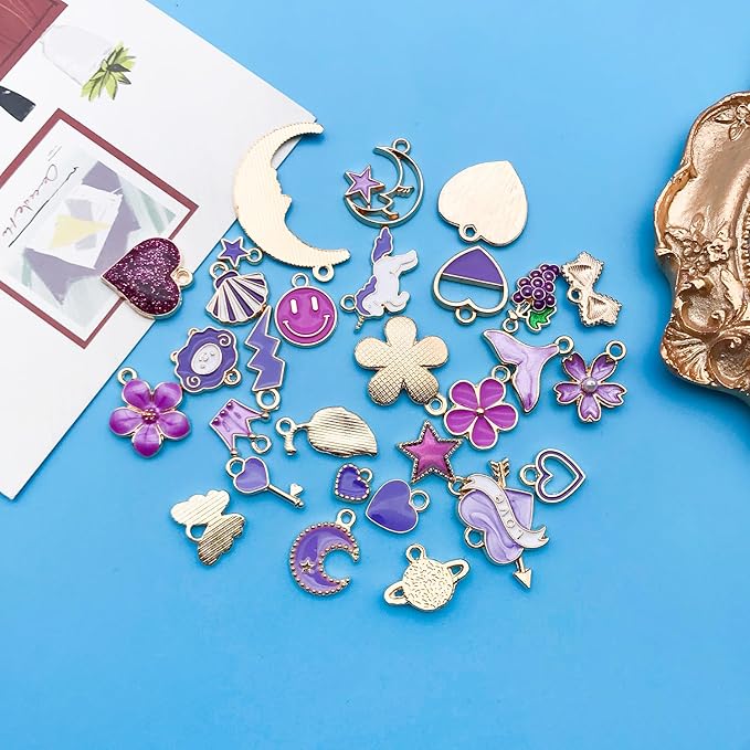 Youdiyla 60pcs Alloy enamel purple series fixed set Pendant Jewelry Making DIY Keychain Earrings Pendant Various Design Charms for Jewelry Making Bracelets Necklace (HK555)