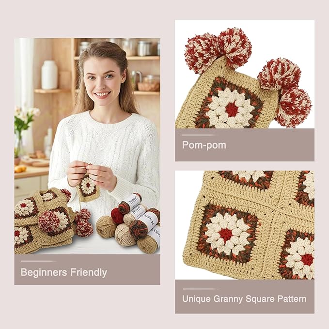Noocro Complete Crochet Kit for Pom-Pom Granny Square Scarf Hood, DIY Yarn Kit, Detailed Instructions, Step by Step Video Tutorial, Beginner-Friendly, Intermediate Crocheter Craft Set (Roma Khaki)