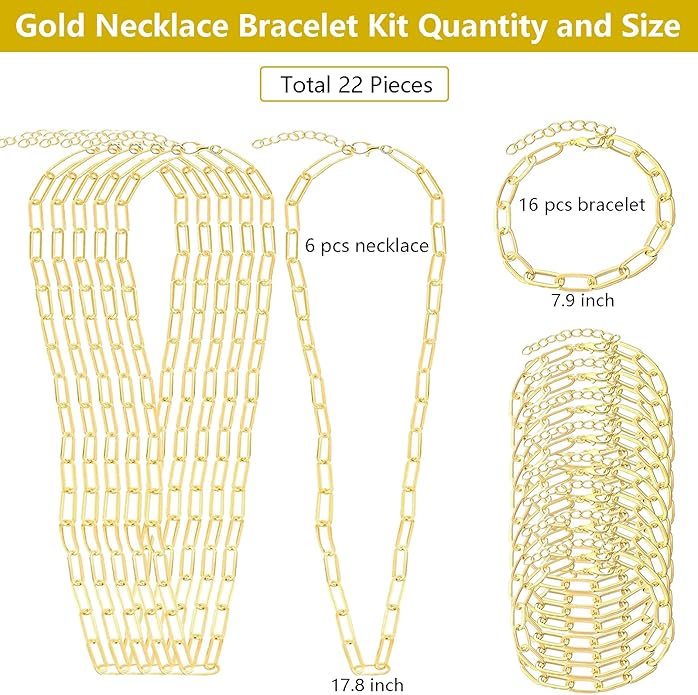 22 Pcs Necklace Bracelet Kit, Charms Chain Bracelet Necklace Kit with Lobster Clasps Charm Bulk Bracelets Chains Paperclip Necklaces Chain Charms for Jewelry Making Women