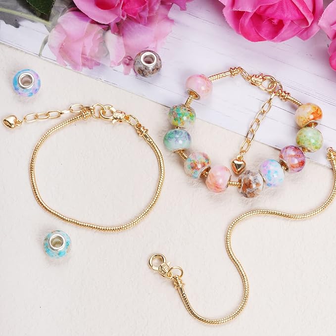 5pcs Chain Bracelets Kit Silver Plated Snake Chain with Heart Lobster European Charm Bracelet for Christmas DIY Women Jewelry Findings Bracelet Making (gold)