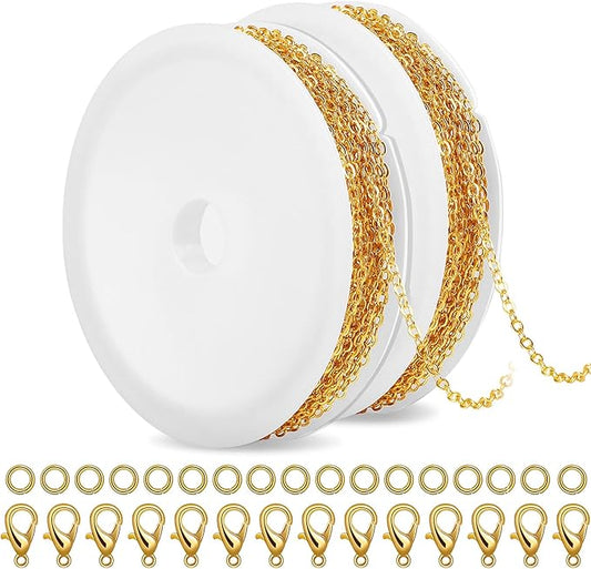 SANNIX 20 Feet Chains for Jewelry Making, Necklace Chains with Lobster Clasps and Jump Rings 1.8 mm DIY Link Chain for Necklace Earring Bracelet Making Supplies, Gold