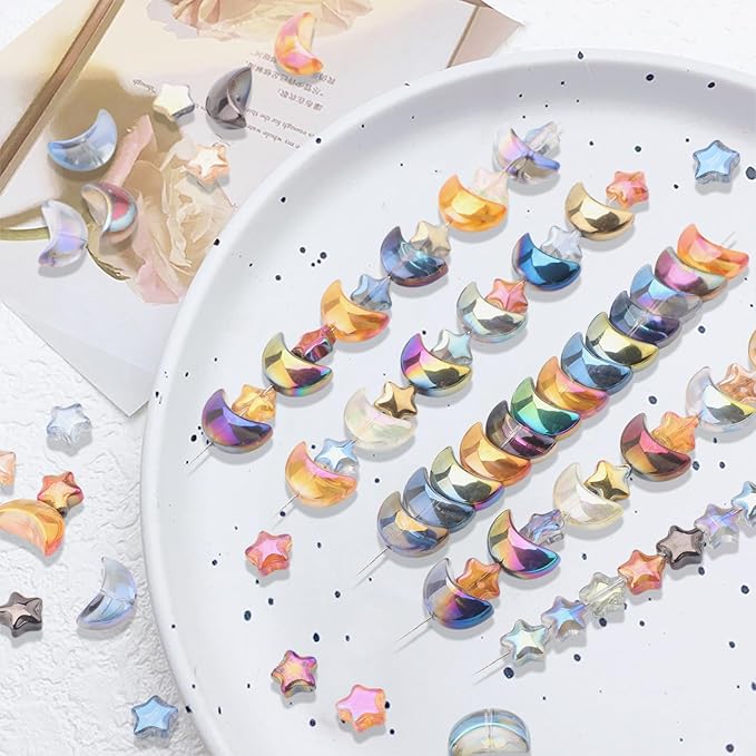 620pcs Mixed Star Moon Glass Beads for Jewelry Making, Shaped Star Moon Spacer Beads with Glass Seed Beads for DIY Supplies Bracelets Necklaces Earrings