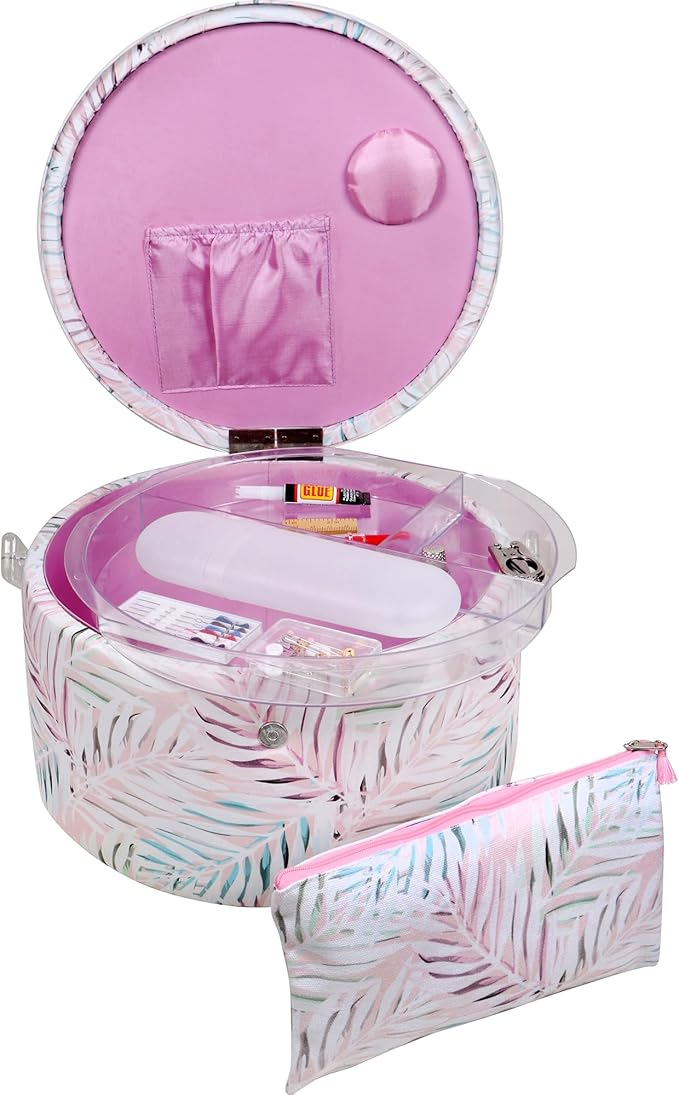 SINGER Premium Round Large Sewing Basket with Matching Zipper Pouch and Emergency Sewing Kit | 30% More Storage Volume (Pastel Palm Leaf)