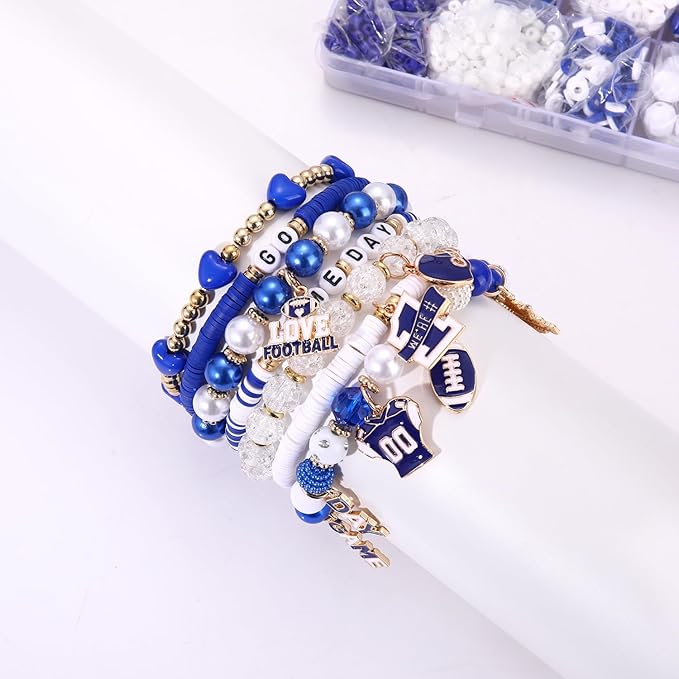 HSWE Game Day Beads Bracelet Kit Assorted Blue White Heishi Clay Pearl Letter Round Loose Beads Gold Spacer Beads with Sports Football Charms for DIY Bracelets Necklace Making