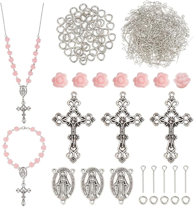 PH PandaHall Rosary Making Supplies, 446pcs Pink Rose Beads with Cross Charms Rosary Prayer Making Supplies First Communion Necklace Set for Christmas Baptism Easter Ramadan Necklace Jewelry Making
