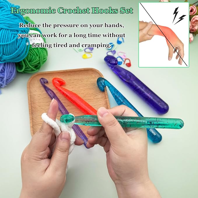 Hobekoee 15mm Large Crochet Hook for Chunky Yarn,Ergonomic Crochet Needles for Arthritic Hands,Plastic Crystal Smooth Crochet Hooks for Handmade DIY Crocheting