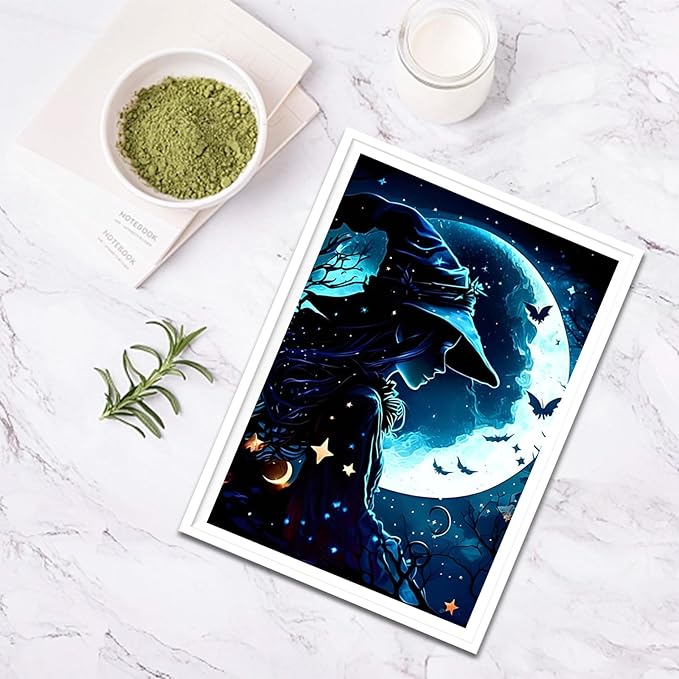 SENQAO Halloween Diamond Painting Kits for Adults, Moon Witch Pumpkin Diamond Art Kits Full Drill Bats Star Diamond Dots Paint with Diamonds Gem Arts and Crafts Home Wall Decor 12x16inch