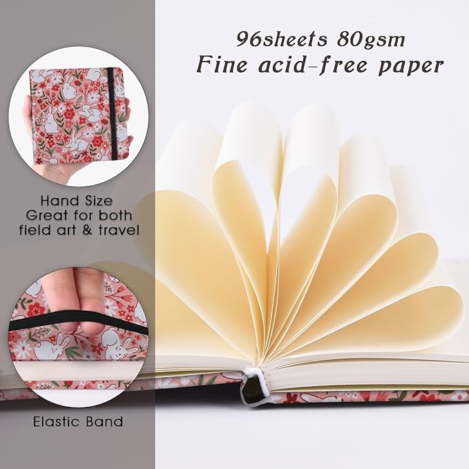 Handy Size 5 x 5 inches Sketch Book, 80GSM Acid Free Artistic Drawing Painting Writing Paper, Hardcover Cloth Cover Art Sketchbook,Journal Notebook.Pink Flower Rabbit