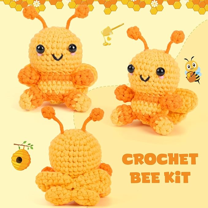 CrochetBox Crochet Kit for Beginner, Bee Easy Learn How to Crochet Stuffed Animals Gift for Adults and Teen(), Knitting Set with Yarn Hook Stitch-by-Stitch Video Tutorial(30%+ Yarn)