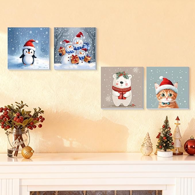 DOMROM 4 Pack Framed Paint by Numbers Snowman for Kids Beginners, Adult Paint by Number Kits Cat on Canvas, Acrylic Number Painting Christmas Craft Kits for Gift Home Decor 8x8in