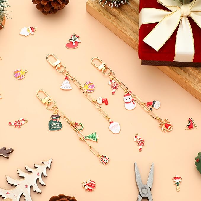 Tondiamo 266 Pieces Christmas DIY Gold Keychain Making Kit Bat Christmas Tree Santa Charm Jewelry Making Snowflakes Stocking Ornaments Bulk for Key Ring Art Adults Women Bag Gift