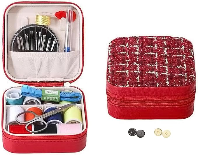 Mini Sewing Kit in Stylish Leather Case – Complete Set with Scissors, Needles, Thread, Needle Threader, Thimble & More – Perfect for Beginners & Travel (Red)