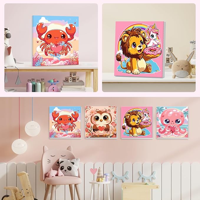 4 Pack Paint by Number for Kids with Wooden Frame, Cute Crab, Pretty Owl, Lion, Octopus Paint by Numbers for Kids Ages 8-12, Cartoon, DIY Acrylic Oil Painting Beginners for Home Wall Decor 8X8 inch