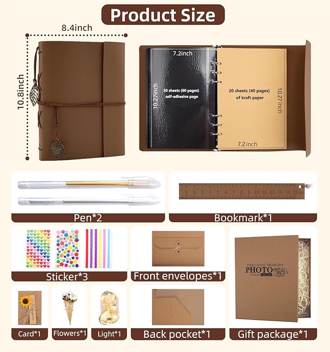 Scrapbook Photo Album 100 Pages, 60 Page Self Adhesive+40 Page Kraft Paper DIY Photo Book for 2x3 3x5 4x6 5x7 Pictures, Leather Memory Book for Wedding Baby Family Travel Birthday Christmas