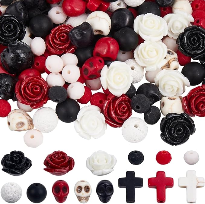 SUNNYCLUE 227Pcs Halloween Beads Kit - Mixed Stone - Skull, Rose, Cross, Round Shapes - DIY Jewelry Making Kit - Adults - Mixed Color